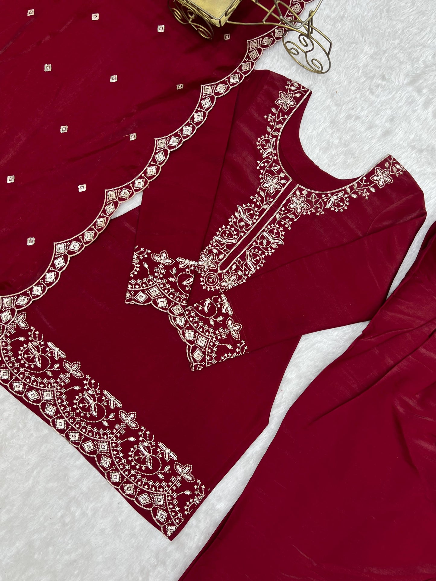 NEW GLASS ROMAN SILK FABRIC WITH EMBROIDERY SEQUENCE AND JARI WORK TOP,DUPPTA SET WITH FARSHI SHALWAR READY TO WEAR