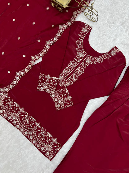 NEW GLASS ROMAN SILK FABRIC WITH EMBROIDERY SEQUENCE AND JARI WORK TOP,DUPPTA SET WITH FARSHI SHALWAR READY TO WEAR