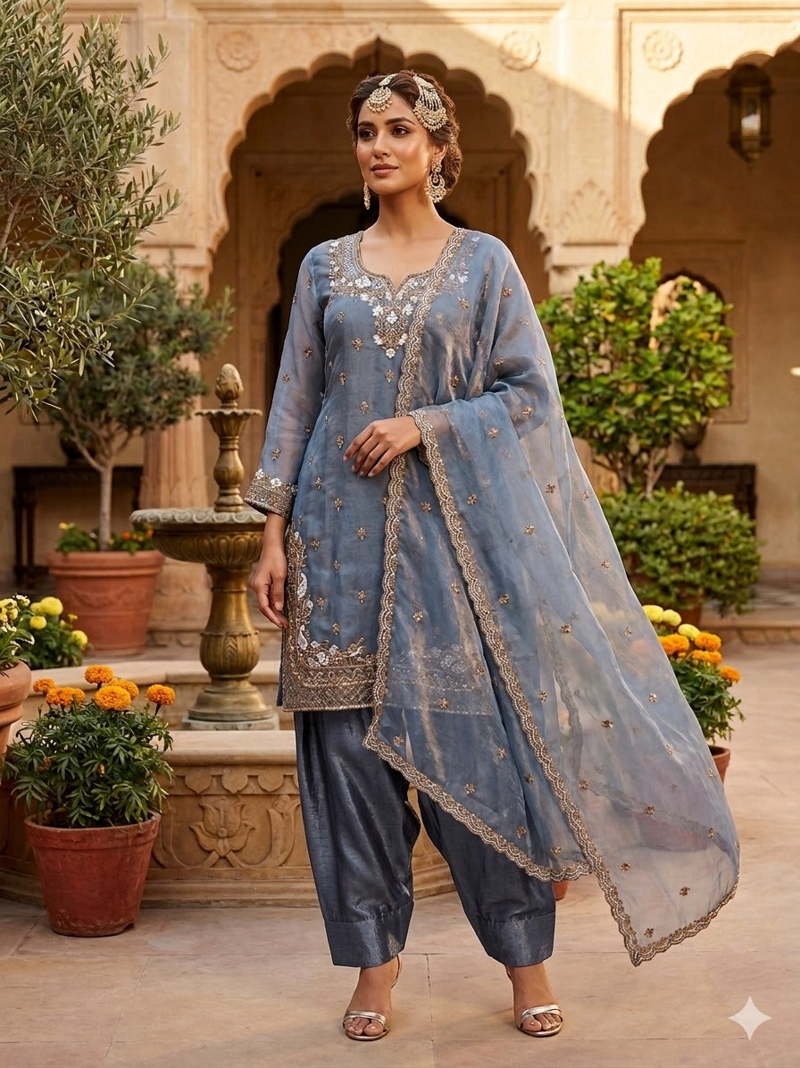 FESTIVAL SEASON LUNCH NEW DESIGNER HEAVY EMBROIDERY SEQUENCE WORK ON FENDY FABRIC TOP FARSHI PLAZZO AND DUPATTA SET