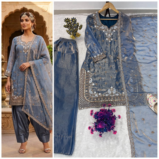 FESTIVAL SEASON LUNCH NEW DESIGNER HEAVY EMBROIDERY SEQUENCE WORK ON FENDY FABRIC TOP FARSHI PLAZZO AND DUPATTA SET