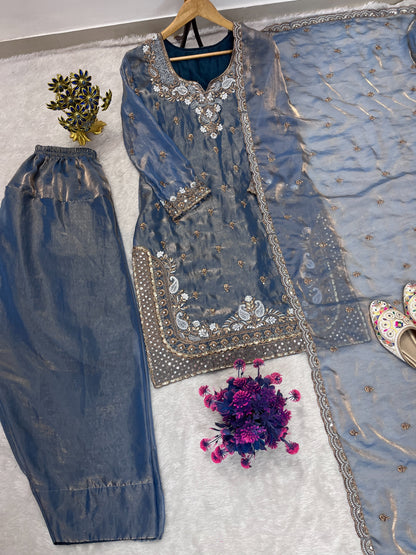 FESTIVAL SEASON LUNCH NEW DESIGNER HEAVY EMBROIDERY SEQUENCE WORK ON FENDY FABRIC TOP FARSHI PLAZZO AND DUPATTA SET