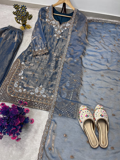 FESTIVAL SEASON LUNCH NEW DESIGNER HEAVY EMBROIDERY SEQUENCE WORK ON FENDY FABRIC TOP FARSHI PLAZZO AND DUPATTA SET