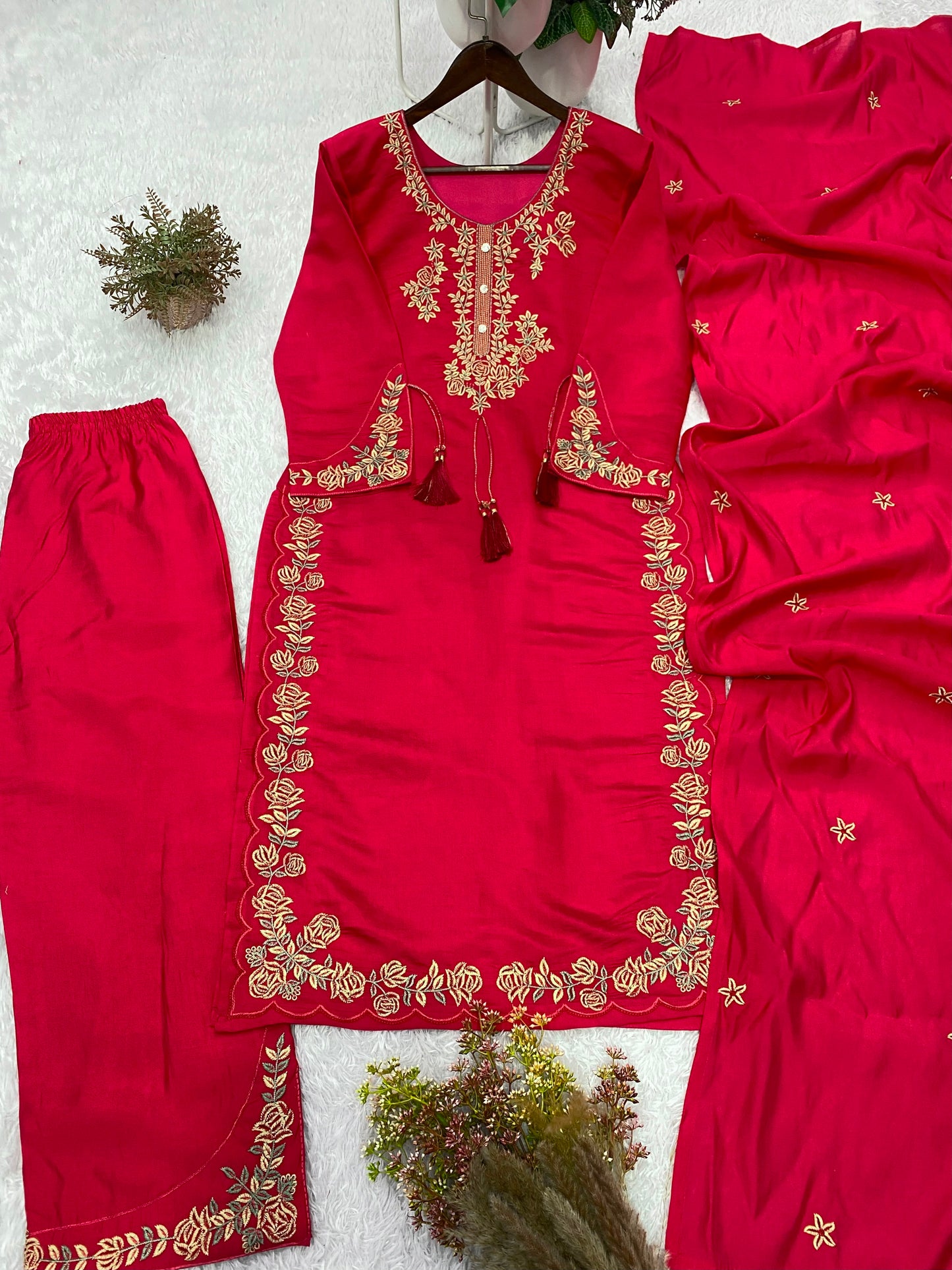 THIS WEDDING SEASON, TRY OUR DESIGNER EMBROIDERED WORKED TOP  PLAZZO SUIT WITH DUPATTA