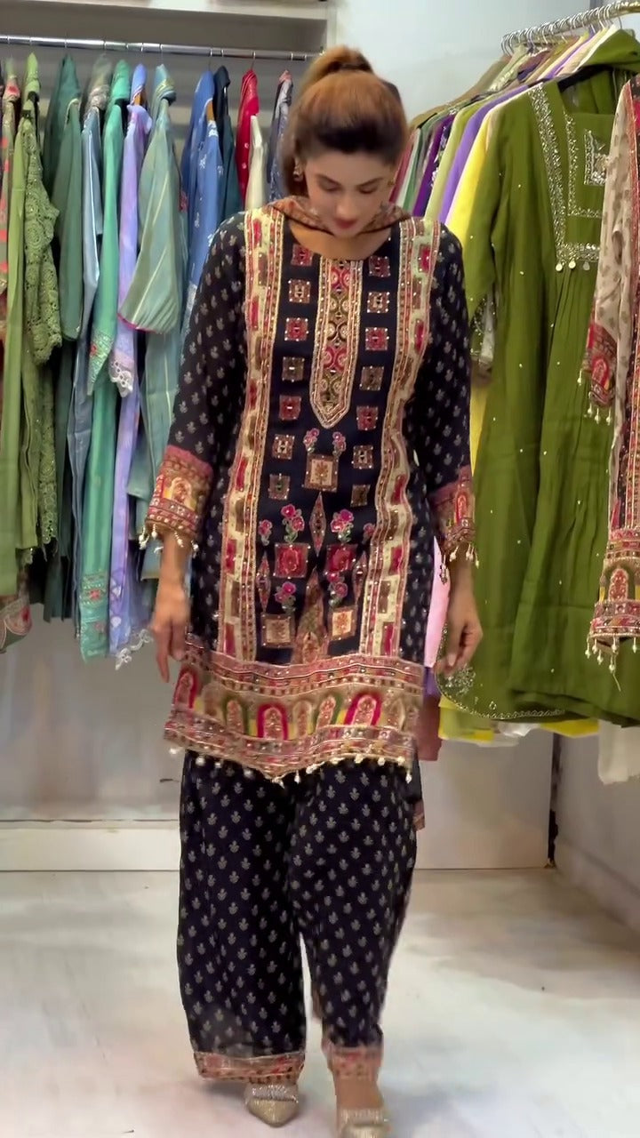 8 DESIGNER WEAR TRENDING TOP WITH PRINTED WORK AND STONE WORK TOP PLAZZO WITH DUPATTA SET