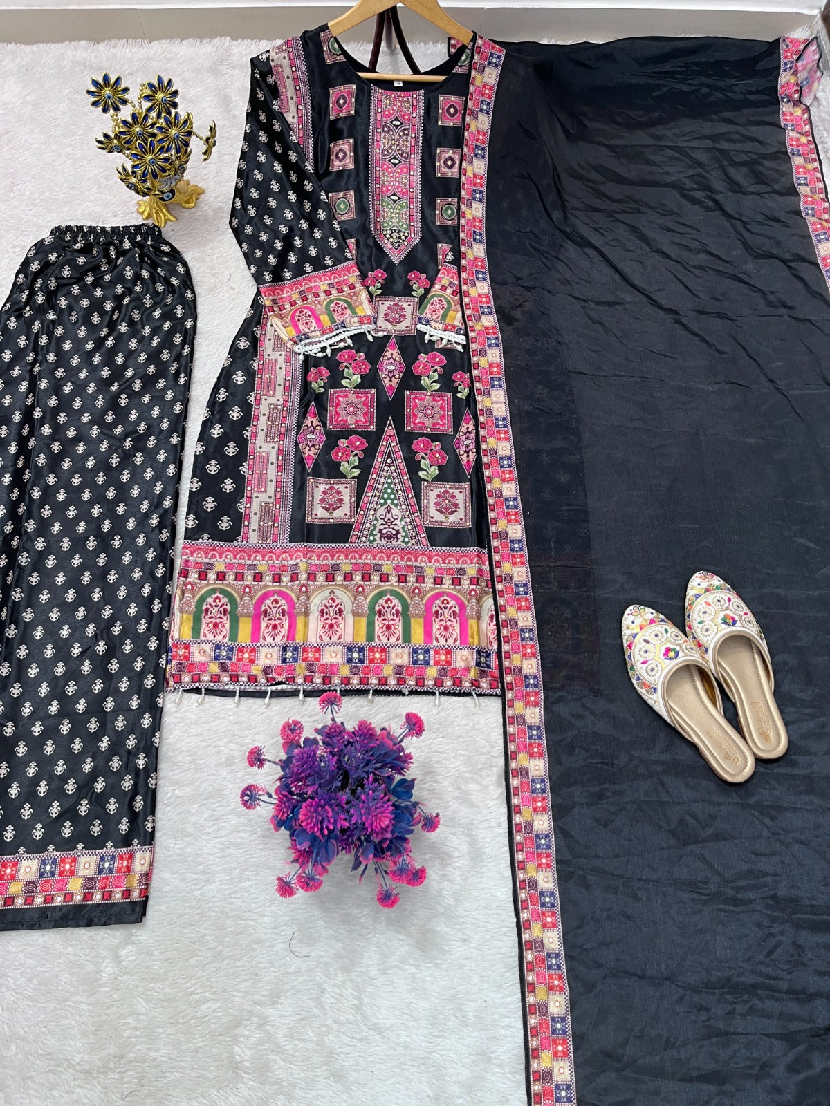 8 DESIGNER WEAR TRENDING TOP WITH PRINTED WORK AND STONE WORK TOP PLAZZO WITH DUPATTA SET