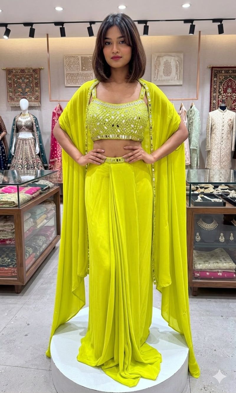 THIS WEDDING SEASON WEAR OUR BEAUTIFUL 3 PIECE WITH REAL MIRROR WITH  EMBROIDERED BLOUSE, SKIRT AND LONG SHRUGE
