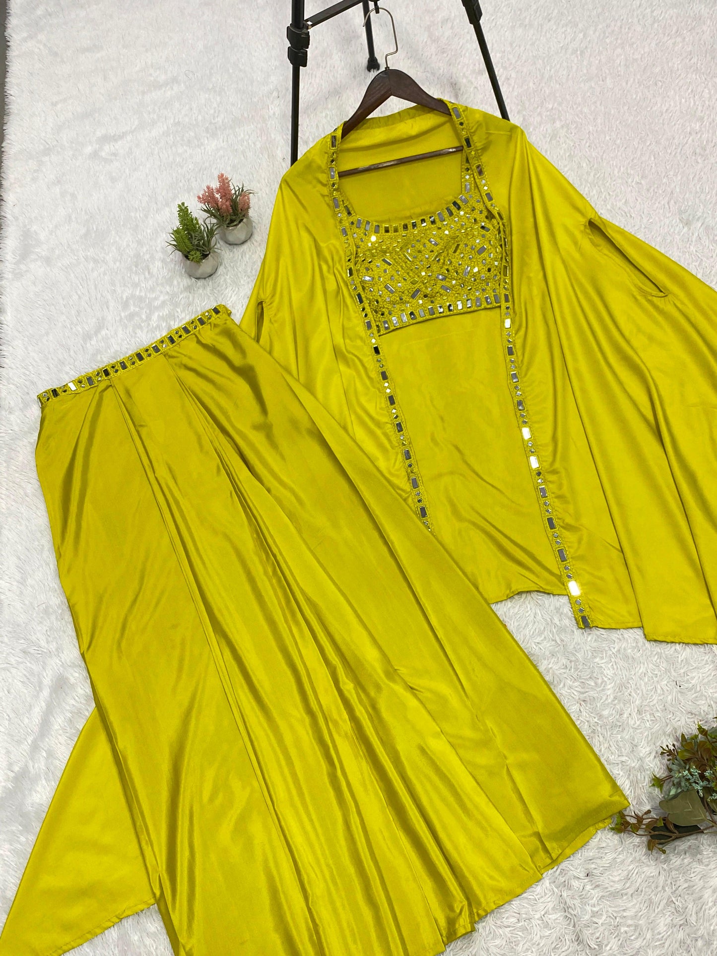 THIS WEDDING SEASON WEAR OUR BEAUTIFUL 3 PIECE WITH REAL MIRROR WITH  EMBROIDERED BLOUSE, SKIRT AND LONG SHRUGE