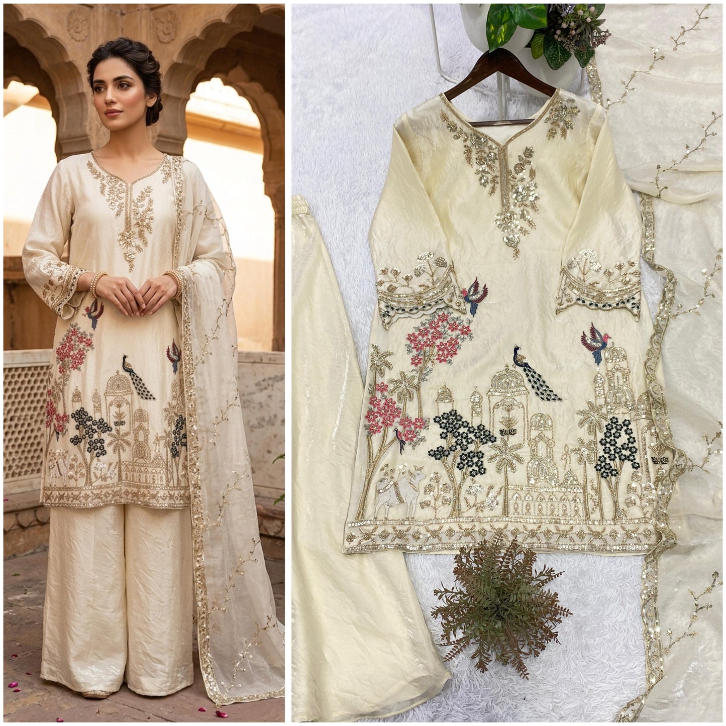 THIS WEDDING SEASON, TRY OUR DESIGNER BEADS WITH SEQUENCE EMBROIDERY WORKED TOP  PLAZZO SUIT WITH DUPATTA
