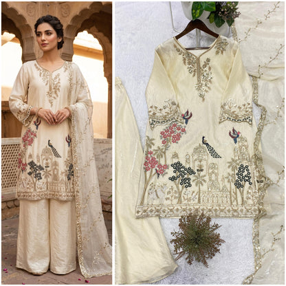 THIS WEDDING SEASON, TRY OUR DESIGNER BEADS WITH SEQUENCE EMBROIDERY WORKED TOP  PLAZZO SUIT WITH DUPATTA