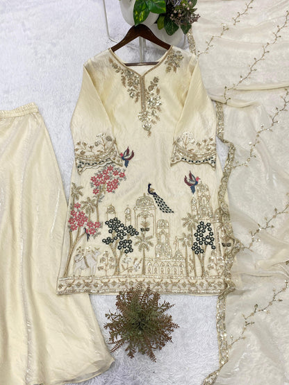 THIS WEDDING SEASON, TRY OUR DESIGNER BEADS WITH SEQUENCE EMBROIDERY WORKED TOP  PLAZZO SUIT WITH DUPATTA