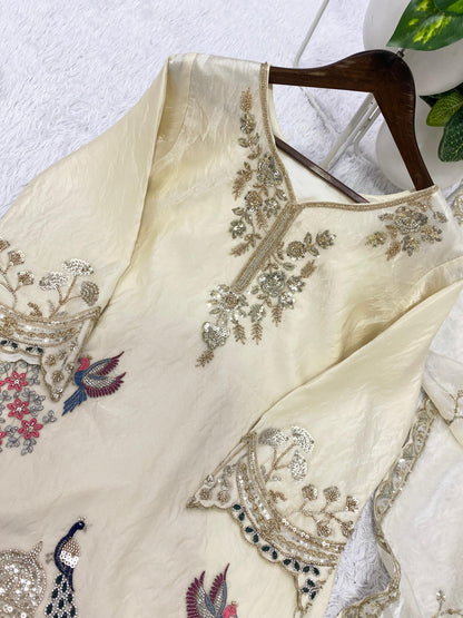 THIS WEDDING SEASON, TRY OUR DESIGNER BEADS WITH SEQUENCE EMBROIDERY WORKED TOP  PLAZZO SUIT WITH DUPATTA