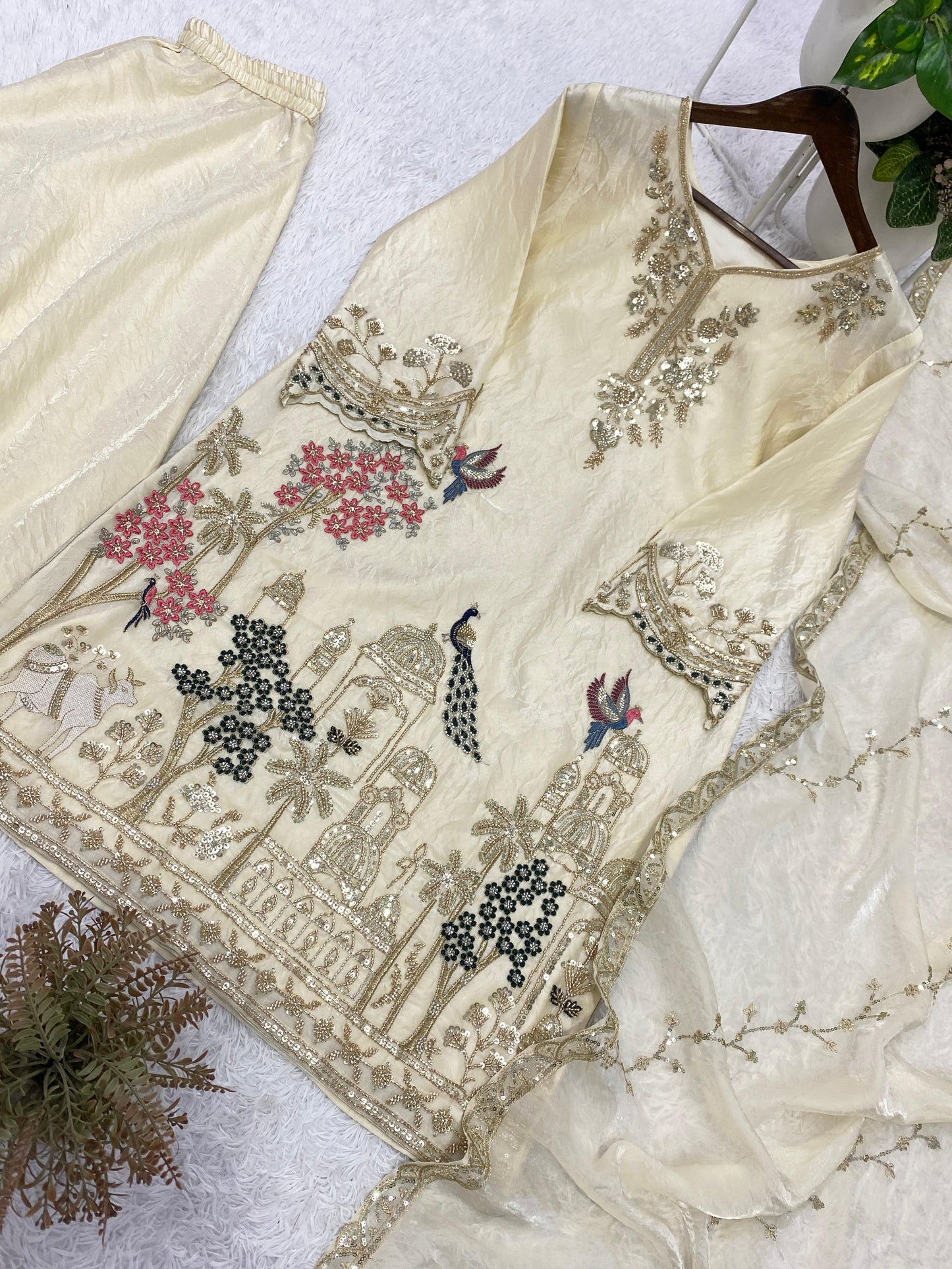 THIS WEDDING SEASON, TRY OUR DESIGNER BEADS WITH SEQUENCE EMBROIDERY WORKED TOP  PLAZZO SUIT WITH DUPATTA
