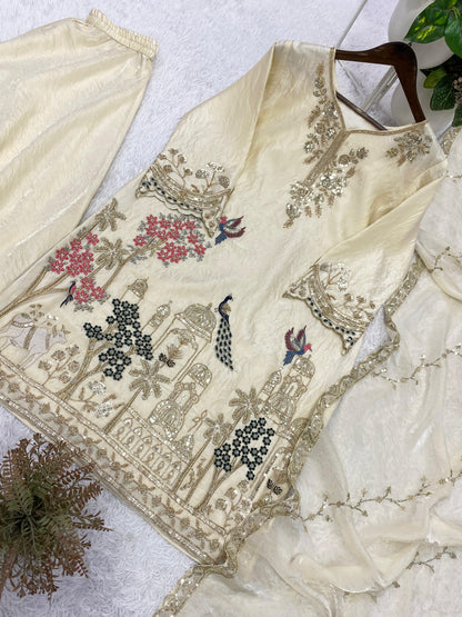THIS WEDDING SEASON, TRY OUR DESIGNER BEADS WITH SEQUENCE EMBROIDERY WORKED TOP  PLAZZO SUIT WITH DUPATTA