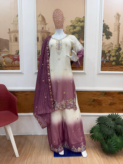 NEW LAUNCHING 3 PIECES KURTI, PLAZZO & DUPATTA WITH ORIGINAL BEADS CUT DANA WORK