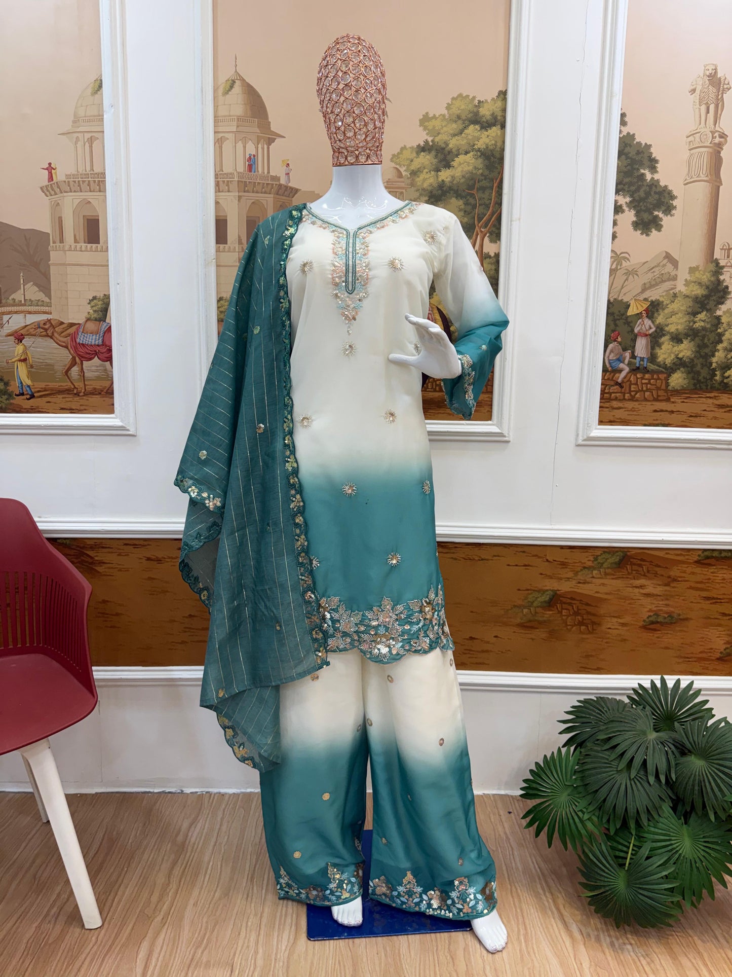 NEW LAUNCHING 3 PIECES KURTI, PLAZZO & DUPATTA WITH ORIGINAL BEADS CUT DANA WORK