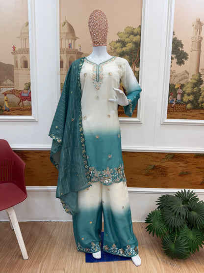 NEW LAUNCHING 3 PIECES KURTI, PLAZZO & DUPATTA WITH ORIGINAL BEADS CUT DANA WORK