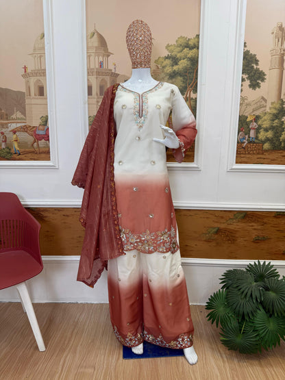 NEW LAUNCHING 3 PIECES KURTI, PLAZZO & DUPATTA WITH ORIGINAL BEADS CUT DANA WORK