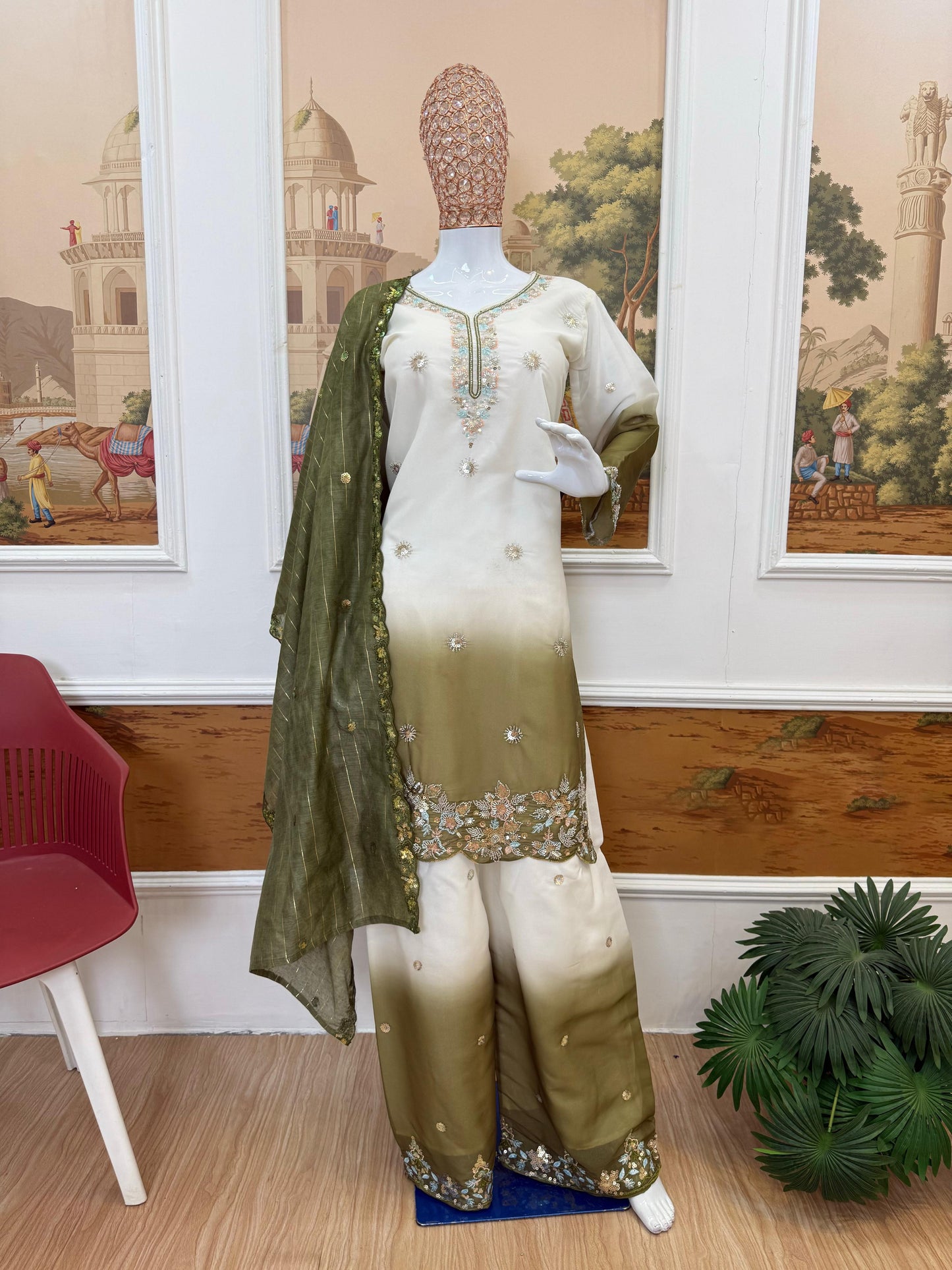 NEW LAUNCHING 3 PIECES KURTI, PLAZZO & DUPATTA WITH ORIGINAL BEADS CUT DANA WORK