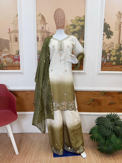NEW LAUNCHING 3 PIECES KURTI, PLAZZO & DUPATTA WITH ORIGINAL BEADS CUT DANA WORK