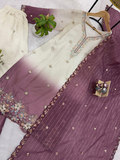 NEW LAUNCHING 3 PIECES KURTI, PLAZZO & DUPATTA WITH ORIGINAL BEADS CUT DANA WORK
