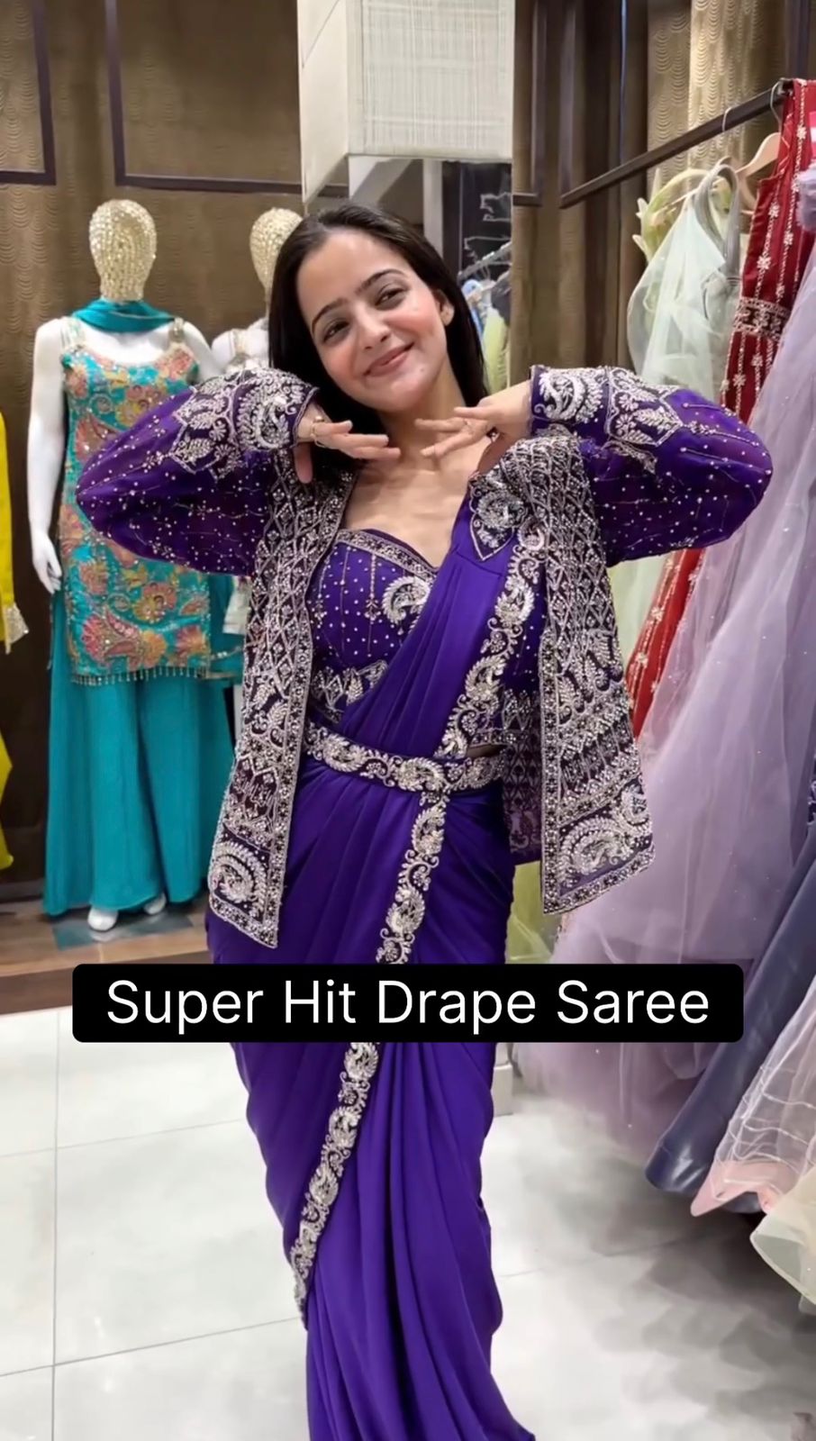 .INDO-WESTERN DRAPE SAREE…. 🚀 🥻WE ARE LAUNCHING NEW SUPERHIT TRENDING READY TO WEAR SAREE WITH FULLY EMBROIDERED KOTI ON  RANGOLI SILK FABRIC WITH STITCH BLOUSE