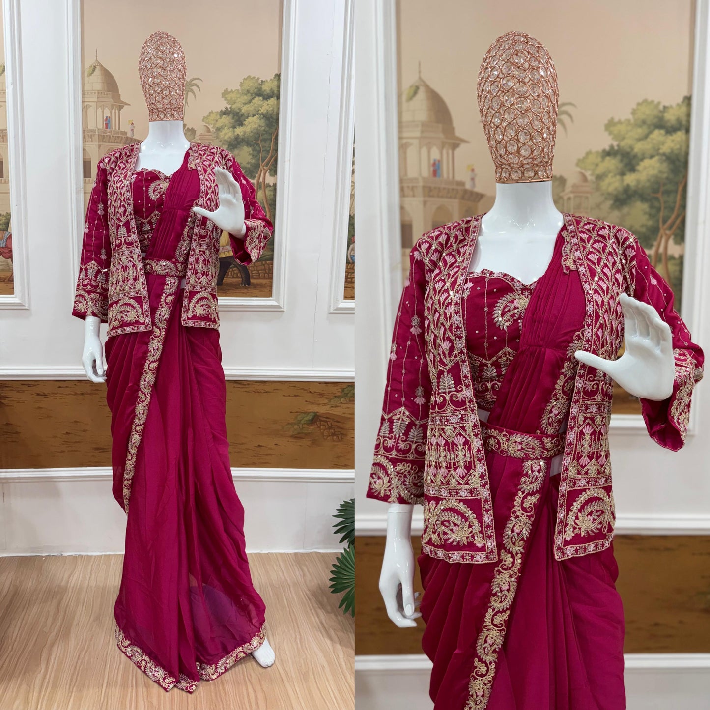 .INDO-WESTERN DRAPE SAREE…. 🚀 🥻WE ARE LAUNCHING NEW SUPERHIT TRENDING READY TO WEAR SAREE WITH FULLY EMBROIDERED KOTI ON  RANGOLI SILK FABRIC WITH STITCH BLOUSE