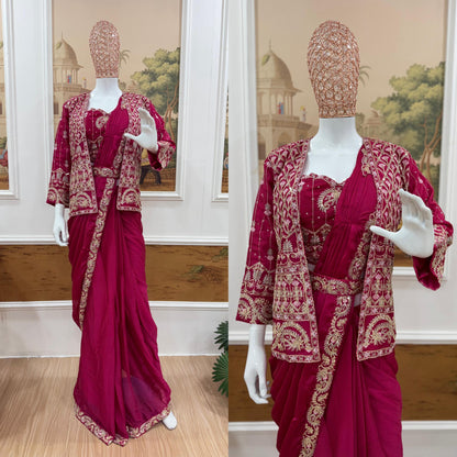.INDO-WESTERN DRAPE SAREE…. 🚀 🥻WE ARE LAUNCHING NEW SUPERHIT TRENDING READY TO WEAR SAREE WITH FULLY EMBROIDERED KOTI ON  RANGOLI SILK FABRIC WITH STITCH BLOUSE