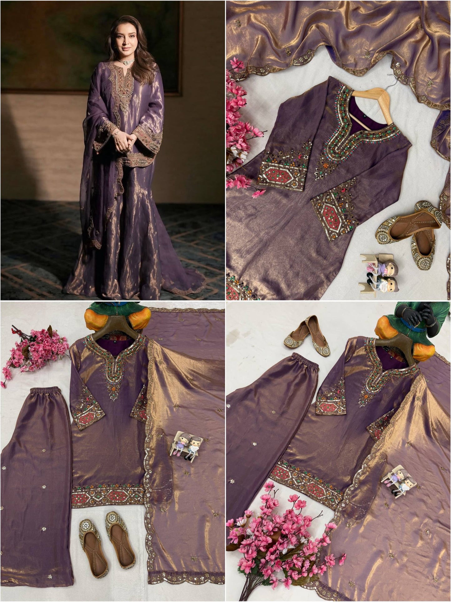 ENHANCE THE BEAUTY OF YOUR WARDROBE WITH THIS NEWLY LAUNCHED FENDY SILK KURTI & PLAZZO SET WITH  STONE HANDWORK