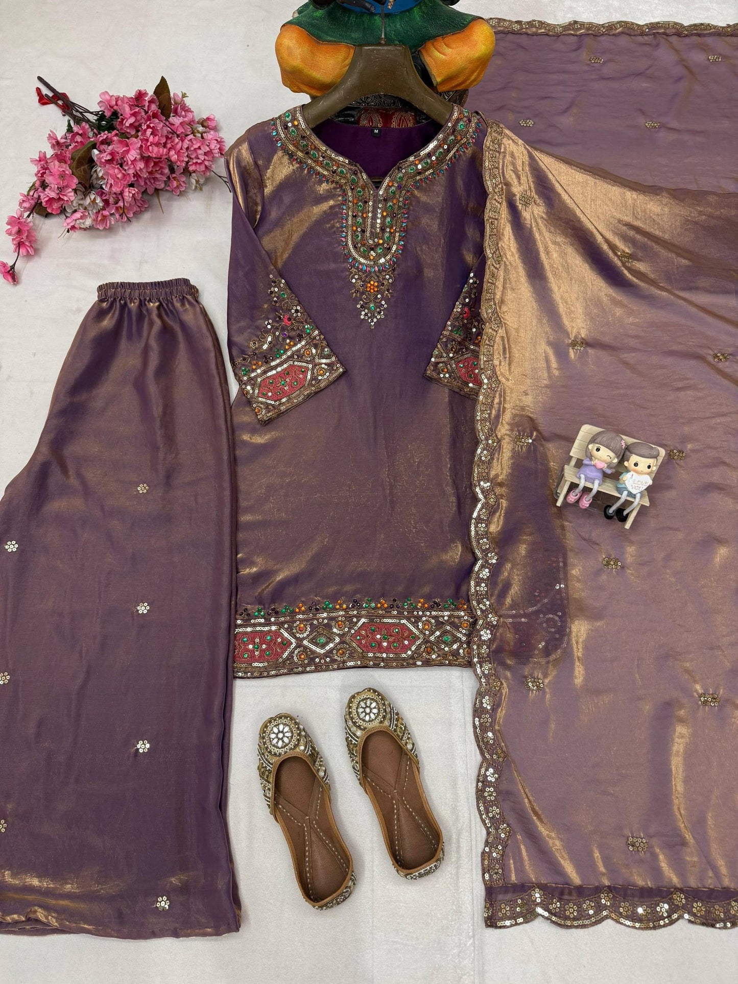 ENHANCE THE BEAUTY OF YOUR WARDROBE WITH THIS NEWLY LAUNCHED FENDY SILK KURTI & PLAZZO SET WITH  STONE HANDWORK