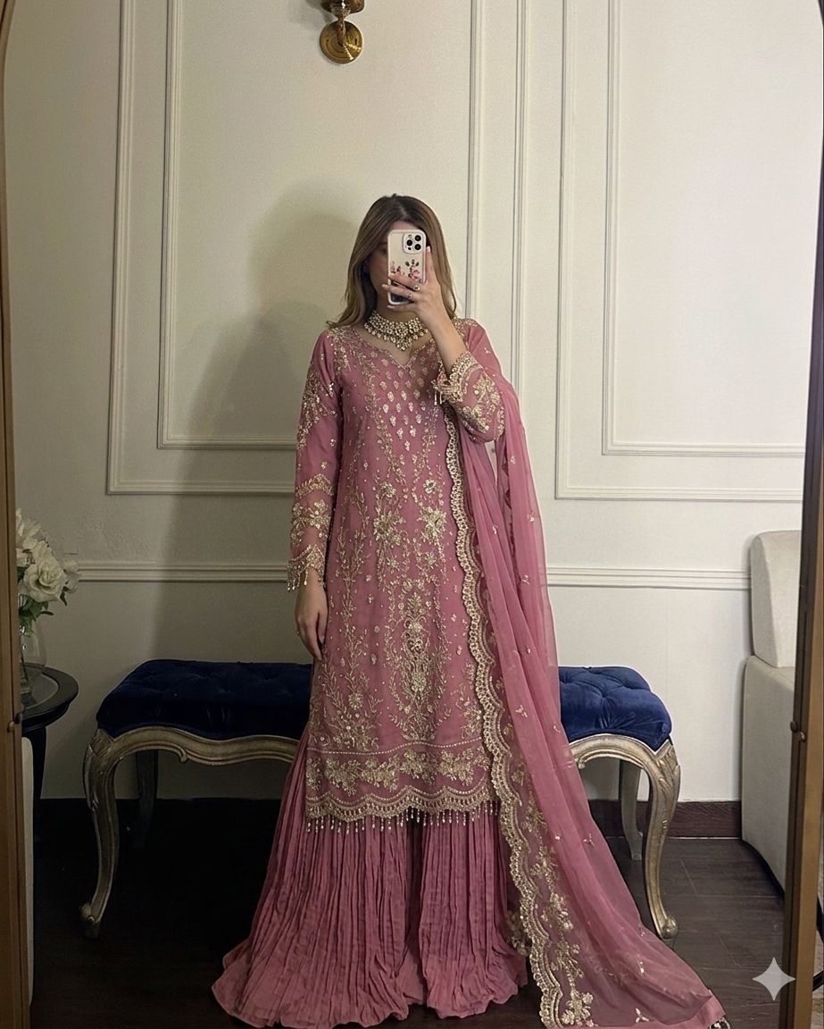 Đěsigner Party Wear Look Pur Heavy Faux Georgette Top Plazzo & Dupatta Set