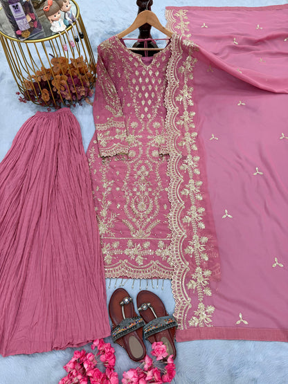 Đěsigner Party Wear Look Pur Heavy Faux Georgette Top Plazzo & Dupatta Set