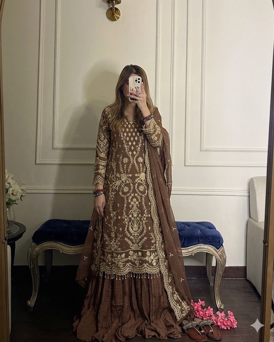 Đěsigner Party Wear Look Pur Heavy Faux Georgette Top Plazzo & Dupatta Set