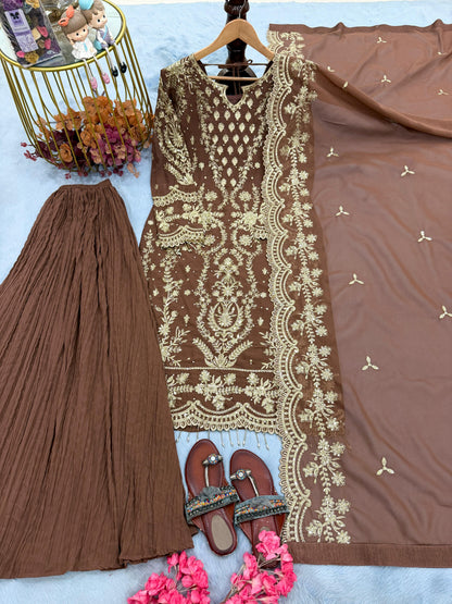 Đěsigner Party Wear Look Pur Heavy Faux Georgette Top Plazzo & Dupatta Set