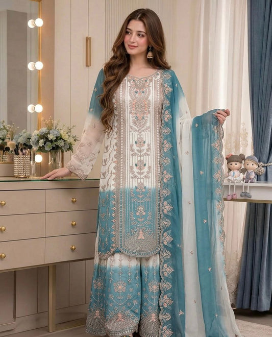 Đěsigner Party Wear Look Pur Heavy Dual Tone Peding Star Georgette Top Plazzo & Dupatta Set
