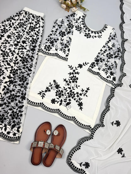 New Designer  Pure Heavy Faux Georgette With Embroidery Sequence Work Top-Bottom And Dupatta Set Fully Stitched Ready To Wear