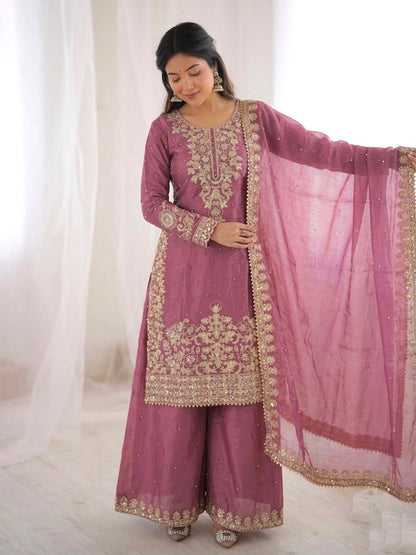 New Designer Collection In GMY SILK With Heavy Embroidery Coding Sequence Work Top-Bottom And Dupatta Set Fully Stitched Ready To Wear