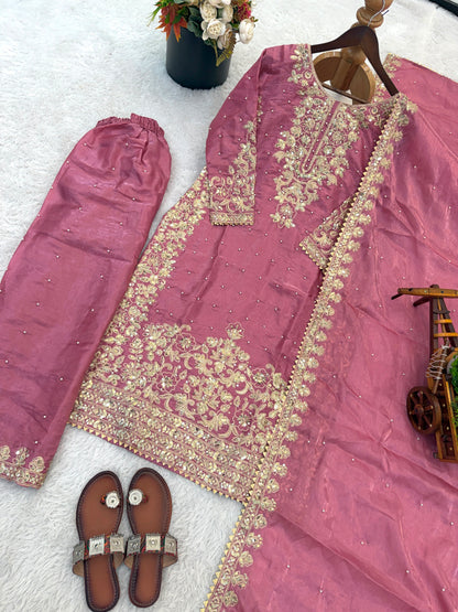 New Designer Collection In GMY SILK With Heavy Embroidery Coding Sequence Work Top-Bottom And Dupatta Set Fully Stitched Ready To Wear