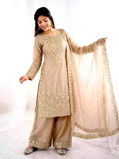 New Designer Collection In GMY SILK With Heavy Embroidery Coding Sequence Work Top-Bottom And Dupatta Set Fully Stitched Ready To Wear