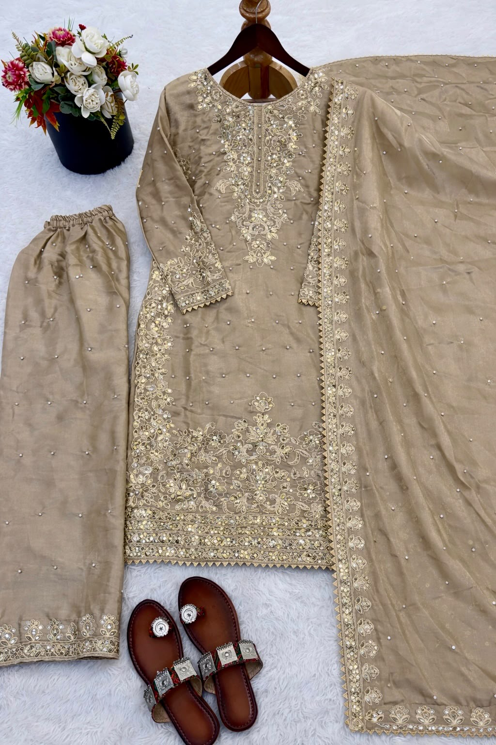New Designer Collection In GMY SILK With Heavy Embroidery Coding Sequence Work Top-Bottom And Dupatta Set Fully Stitched Ready To Wear