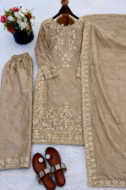 New Designer Collection In GMY SILK With Heavy Embroidery Coding Sequence Work Top-Bottom And Dupatta Set Fully Stitched Ready To Wear
