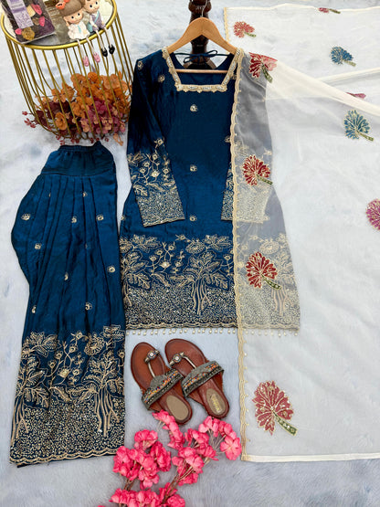 New 🦋 Đěsigner Party Wear Look Pur Fendi Silk Top & Farshi Palazzo With Dupatta set