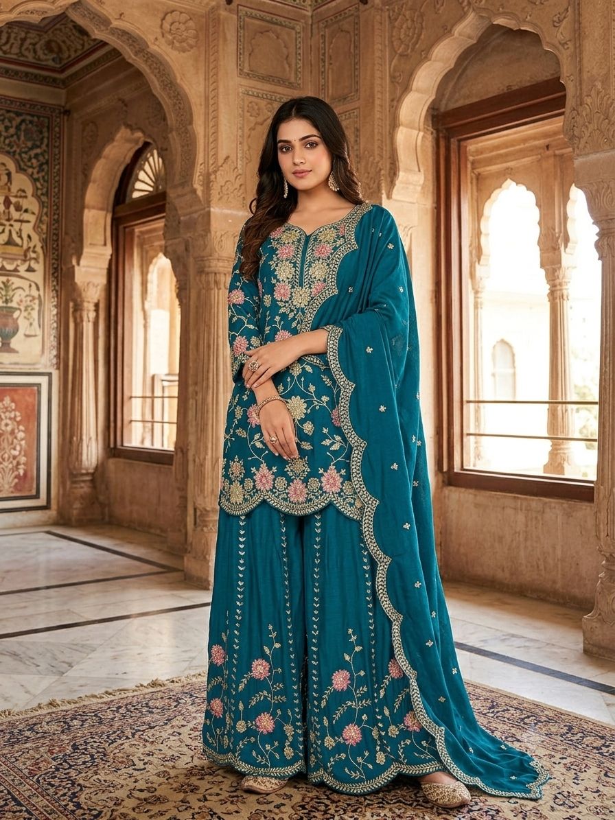 NEW FASHIONABLE COLLECTION 3 PIECE FANCY KURTI WITH FLARED PLAZZO AND DUPATTA