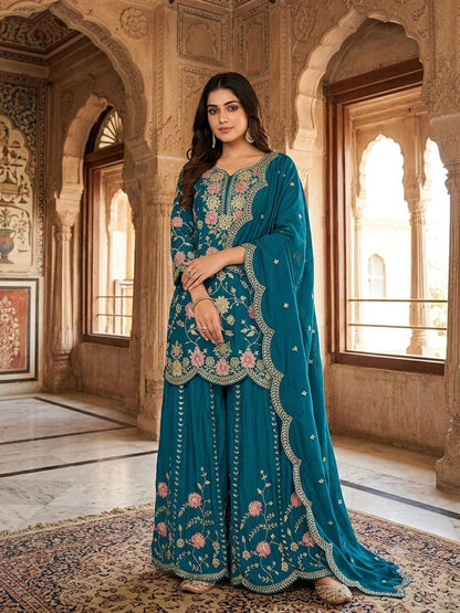 NEW FASHIONABLE COLLECTION 3 PIECE FANCY KURTI WITH FLARED PLAZZO AND DUPATTA