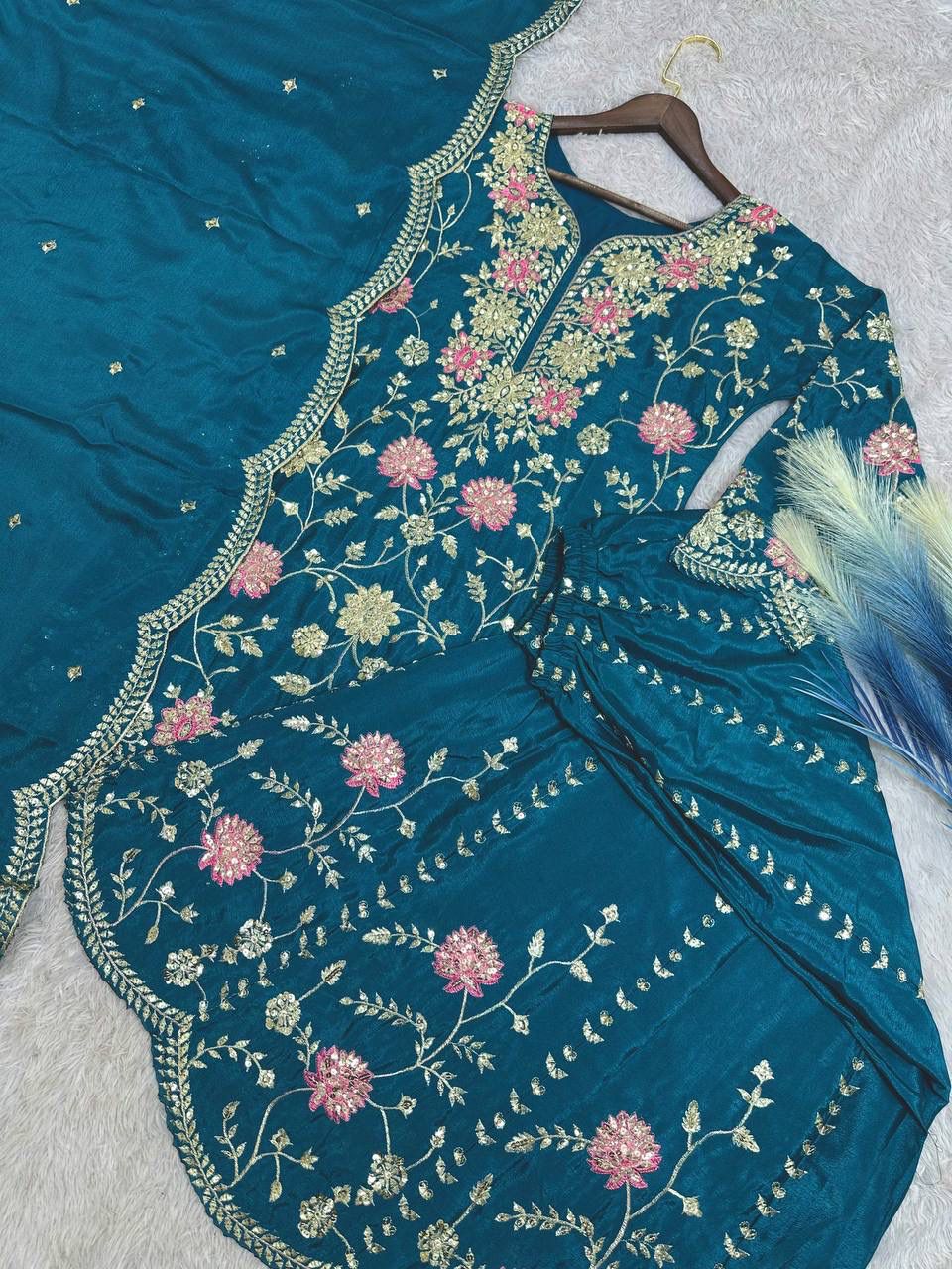 NEW FASHIONABLE COLLECTION 3 PIECE FANCY KURTI WITH FLARED PLAZZO AND DUPATTA
