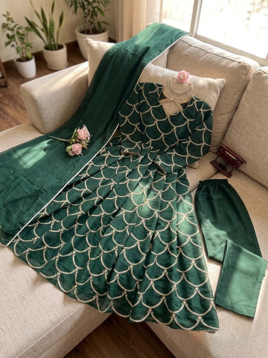 Designer Gown with Pent Set – Elegant Ethnic Wear ✨ 🎀 Crafted in Classy Tones with Premium Fabric & Detailing