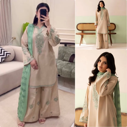 New 🦋 Đěsigner Party Wear Look Heavy Pur Roman Silk Top Plazzo & Dupatta Set