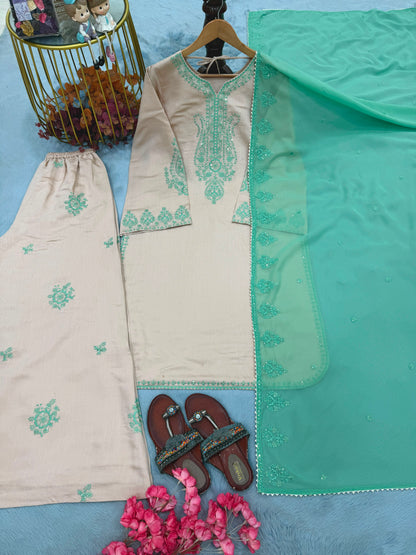 New 🦋 Đěsigner Party Wear Look Heavy Pur Roman Silk Top Plazzo & Dupatta Set