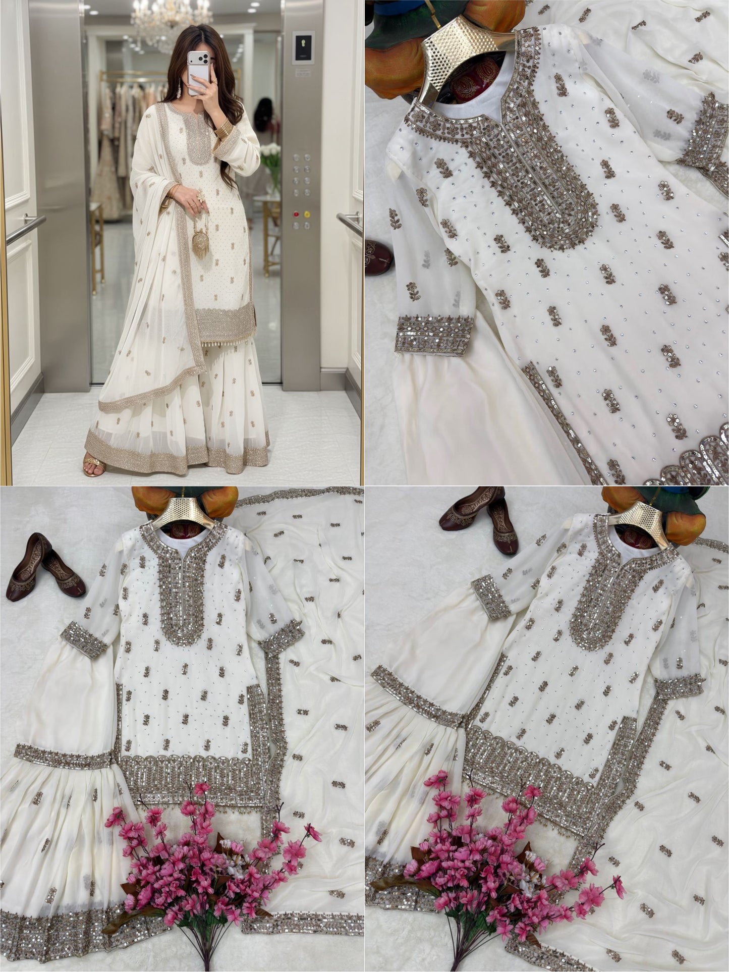 FAUX GEORGETTE EMBROIDERED KURTI SHARARA SET WITH DUPATTA