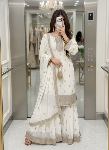 FAUX GEORGETTE EMBROIDERED KURTI SHARARA SET WITH DUPATTA