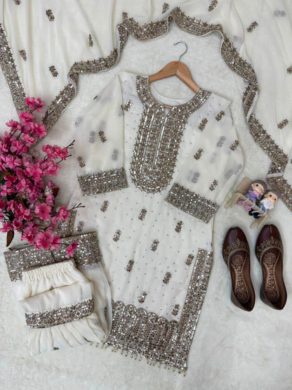 FAUX GEORGETTE EMBROIDERED KURTI SHARARA SET WITH DUPATTA
